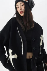 Black Vintage Y2k Goth Harajuku Cross Knitted Oversized Cardigan Sweater