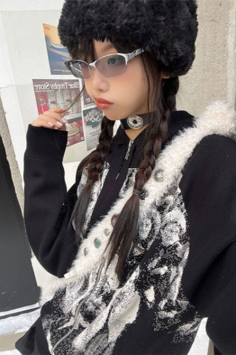 Panther Print Retro Hooded Knit Top