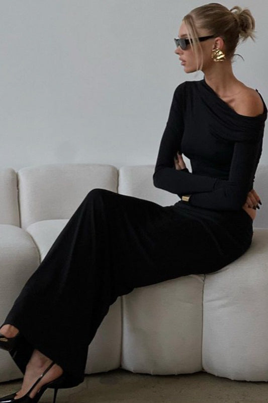 Asymmetric Shoulder Long Sleeve Skirt Sets