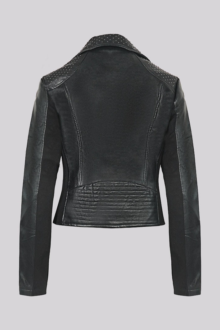 Rivet Trim Cropped Moto Leather Jacket