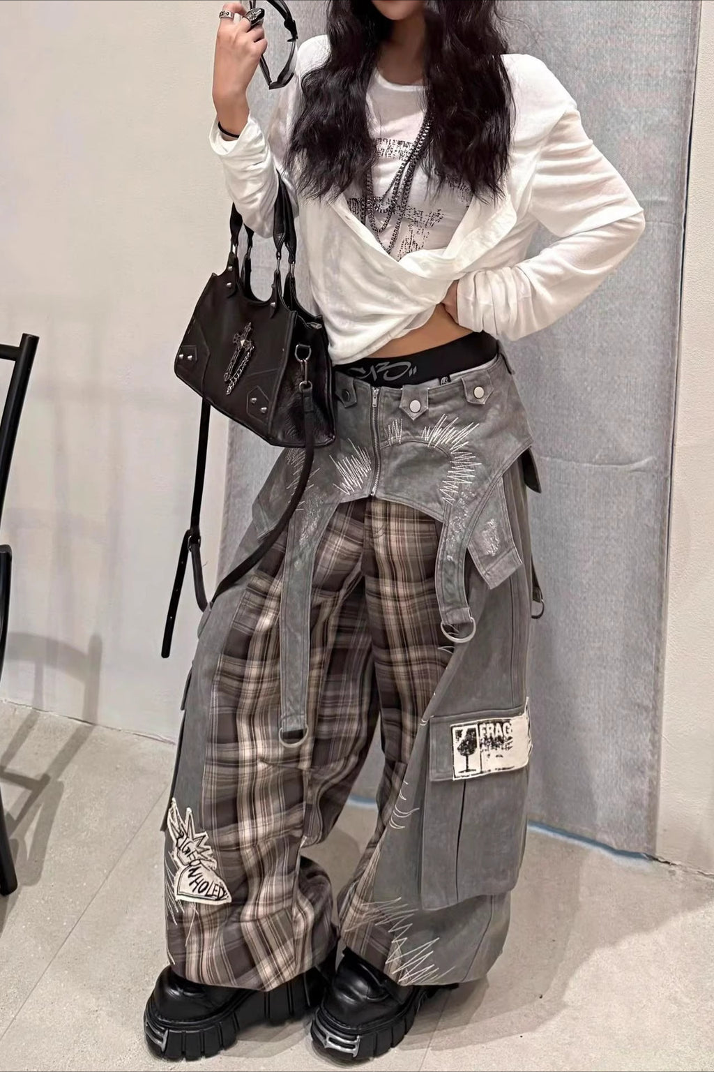 Patchwork Plaid Wide-Leg Jeans
