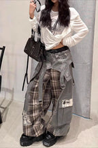 Patchwork Plaid Wide-Leg Jeans
