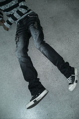 Rhinestone Washed High Street Unisex Denim Pants