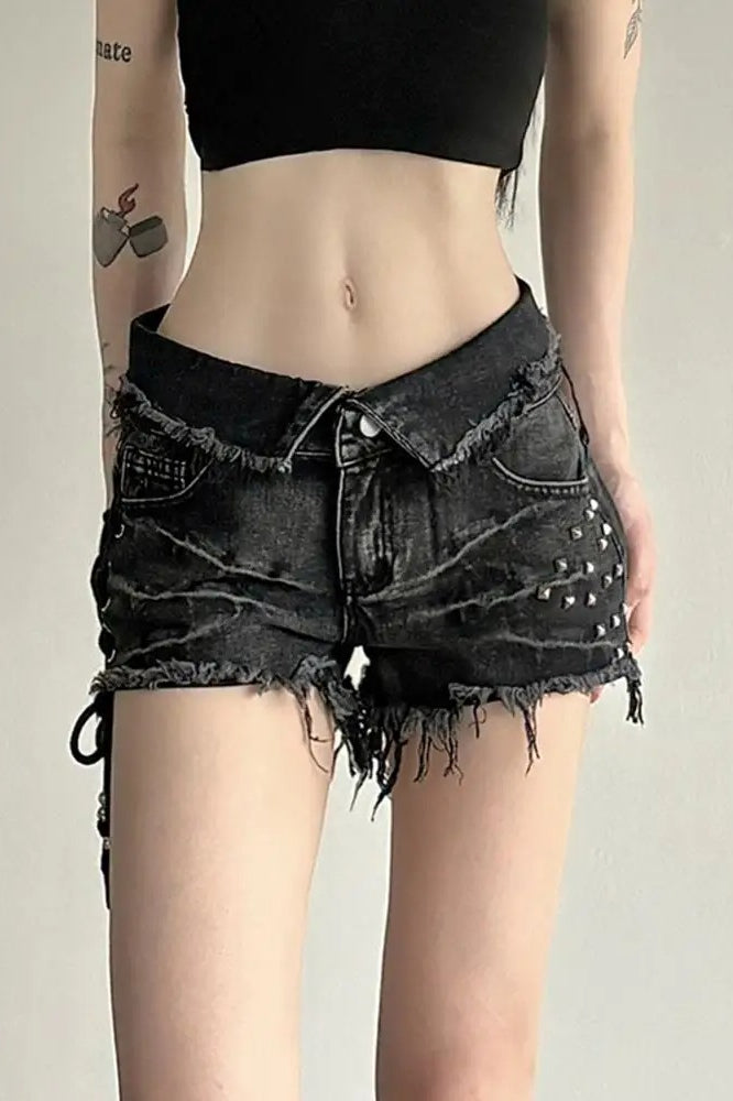 Lace Up Skinny Distressed Denim Shorts Main image