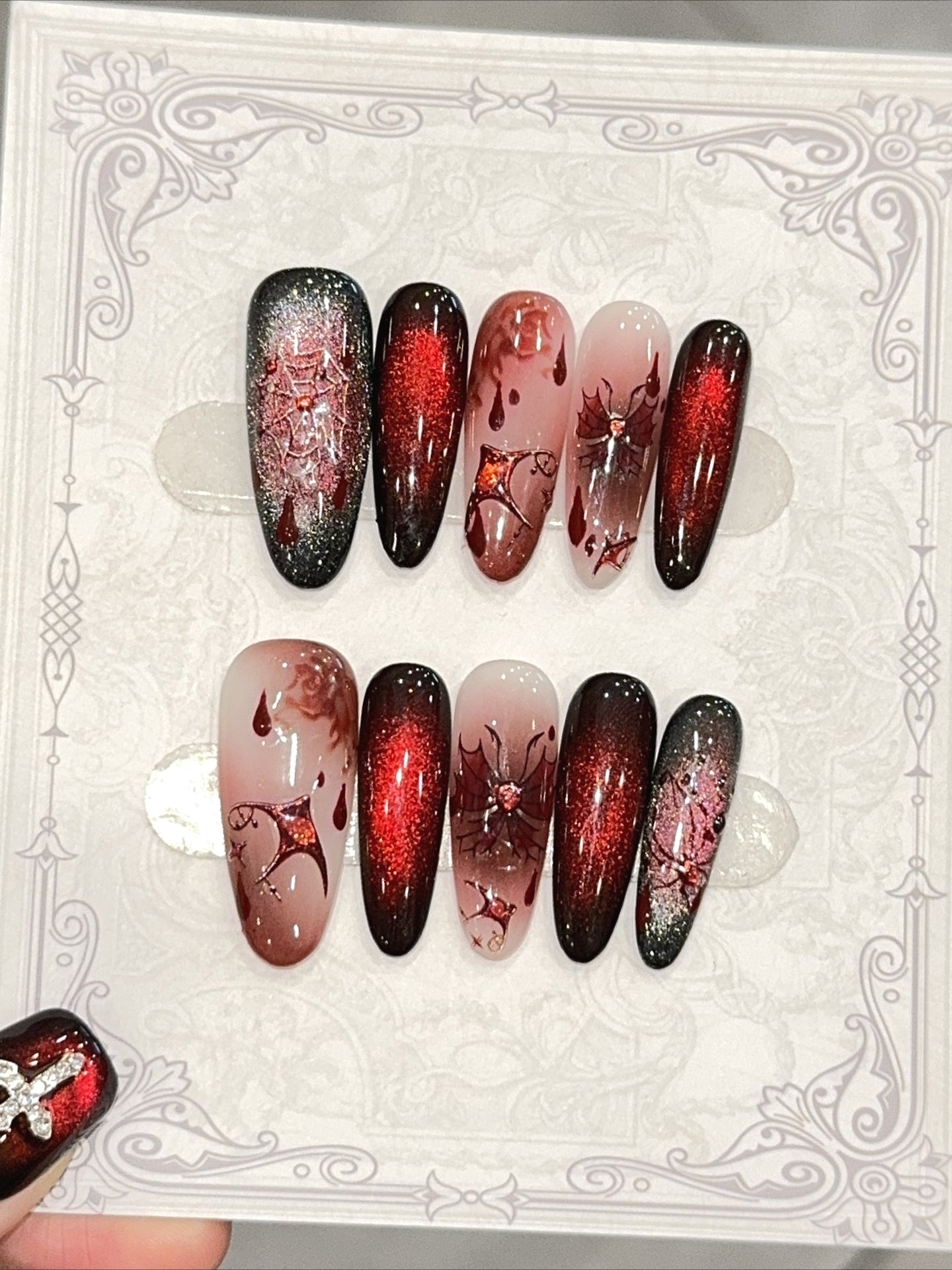 Dark Blood Red Spider Web Press On Nails
