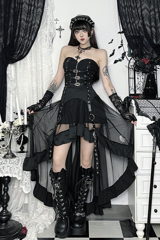 Black Gothic Asymmetric Mesh Maxi Skirt