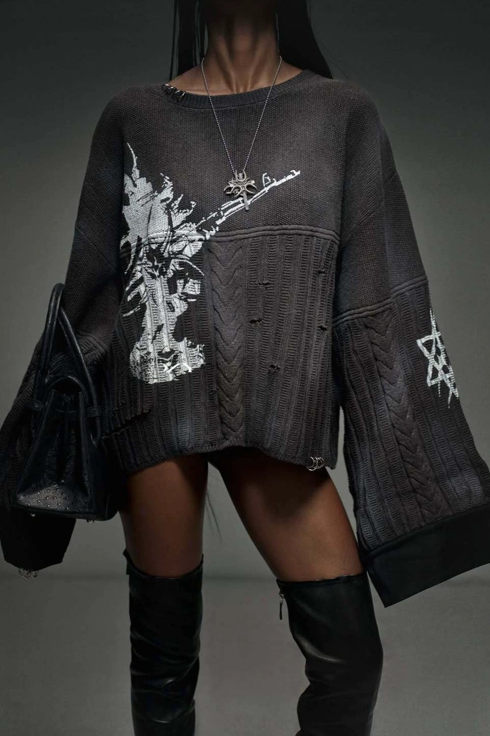 Graphic Distressed Oversized Knit Sweater Main image