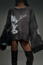 Graphic Distressed Oversized Knit Sweater