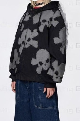 Dark Skull Print Y2K Zip-Up Hoodie Secondary image