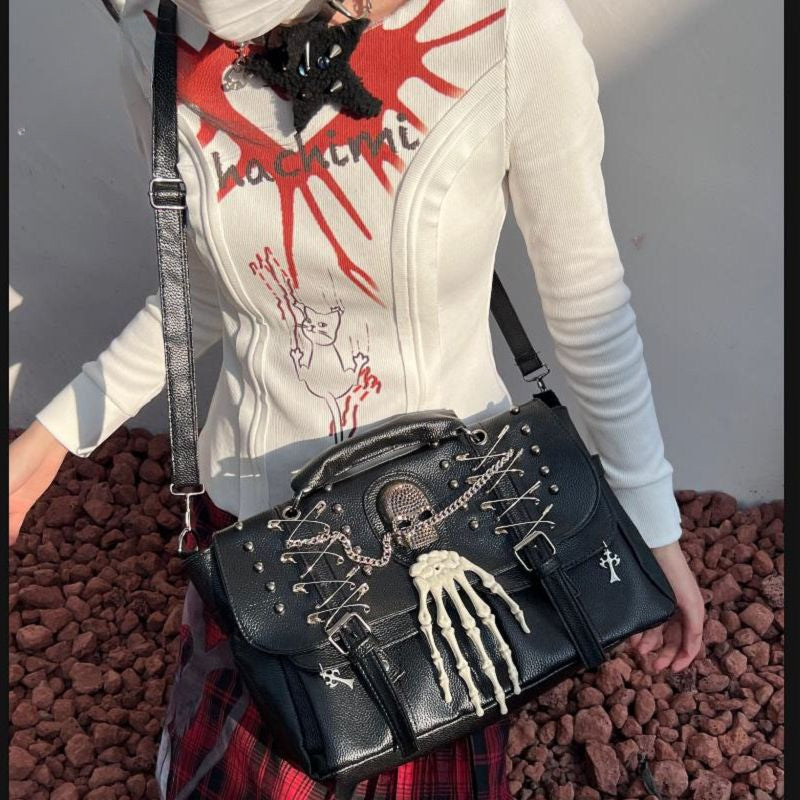 Gothic Lolita Harajuku Punk One Shoulder Y2K Rivet Chain Skull Bag Secondary image