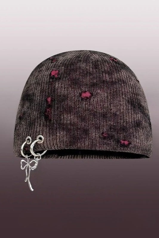 Harajuku Hole Design Iron Ring Skull Knitted Beanie Hat Main image