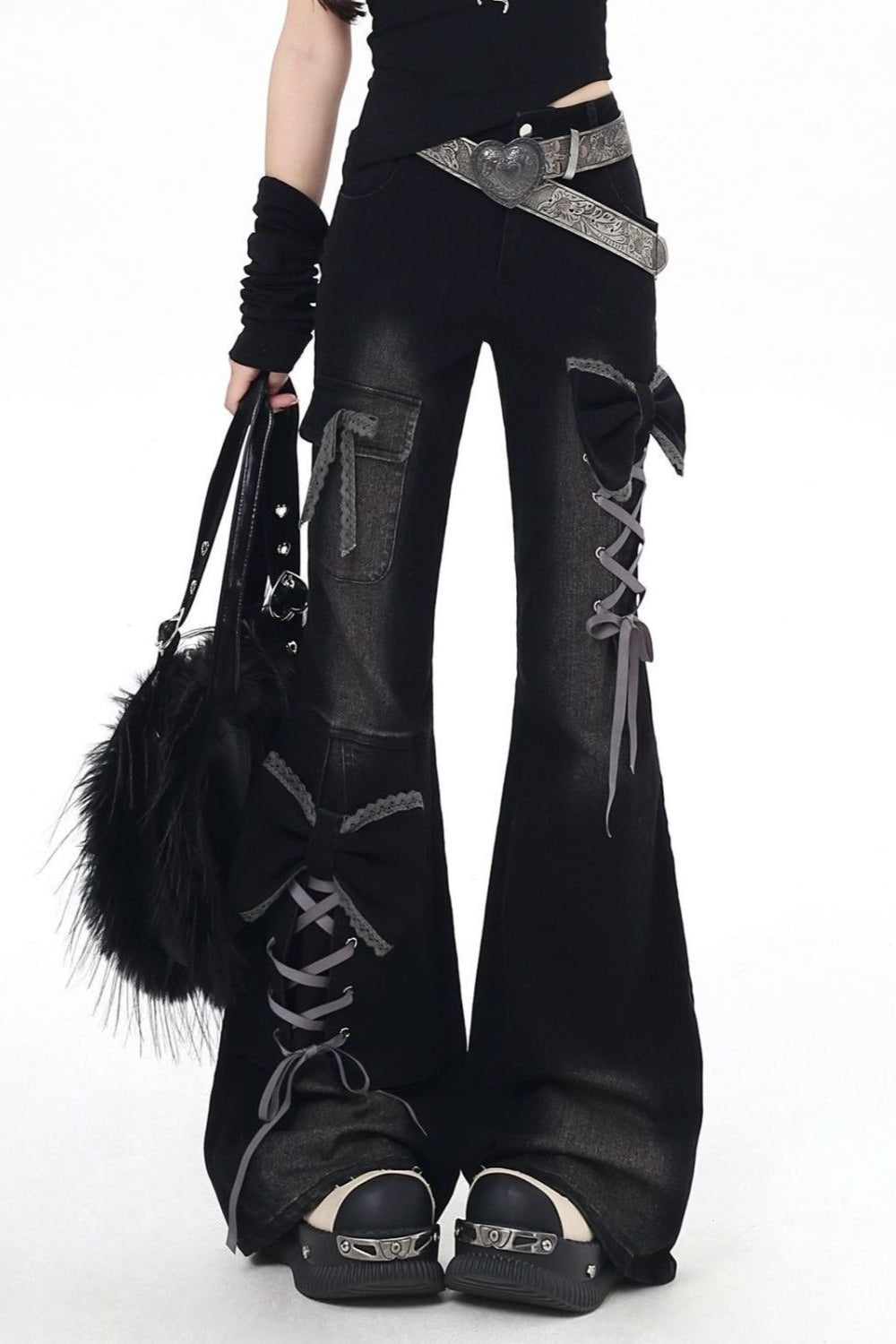 Bow Detail Flared Denim Pants