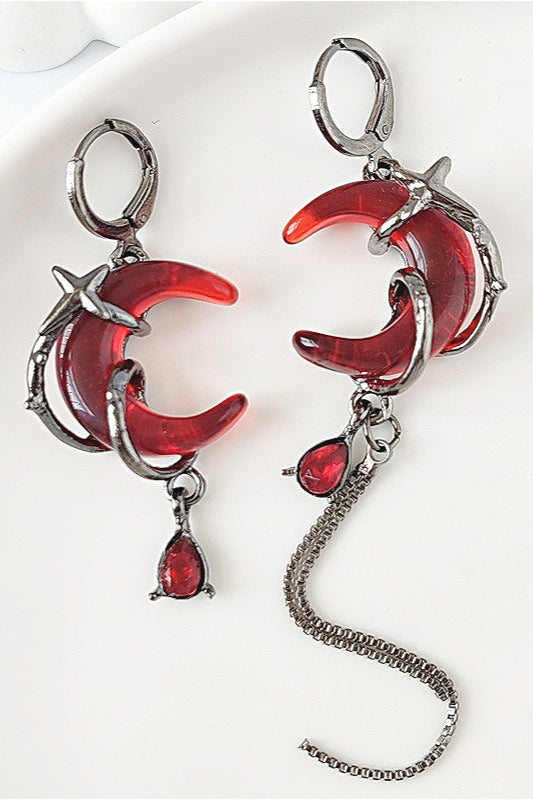 Red Zircon Crescent Tassel Earrings