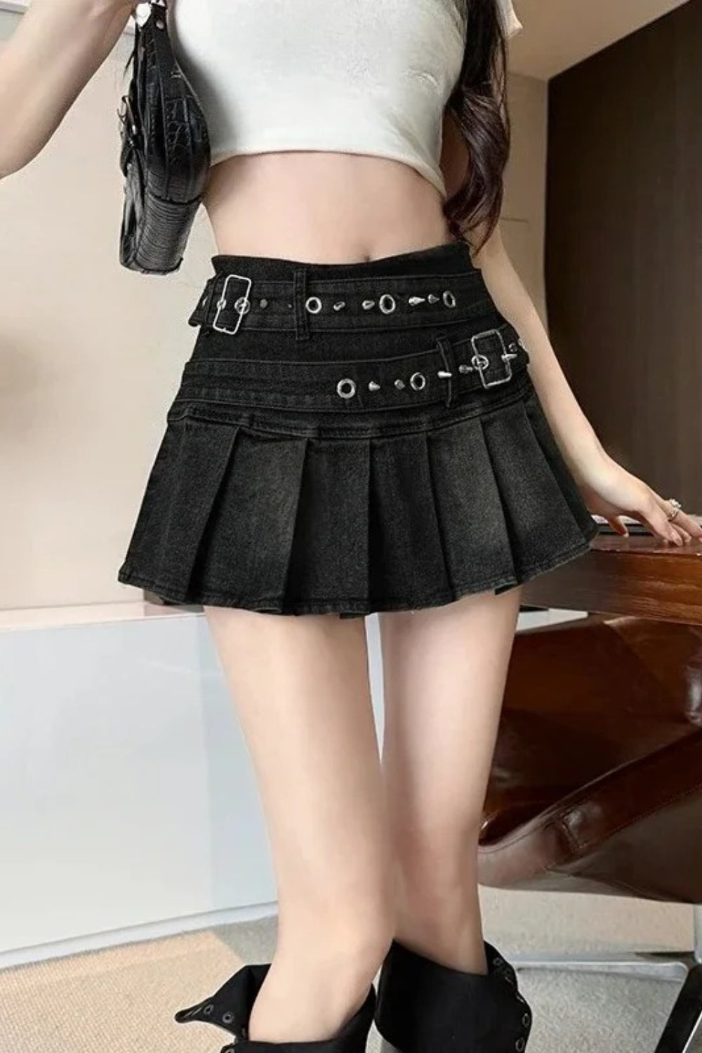 Studded Belt Pleated Denim Mini Skirt