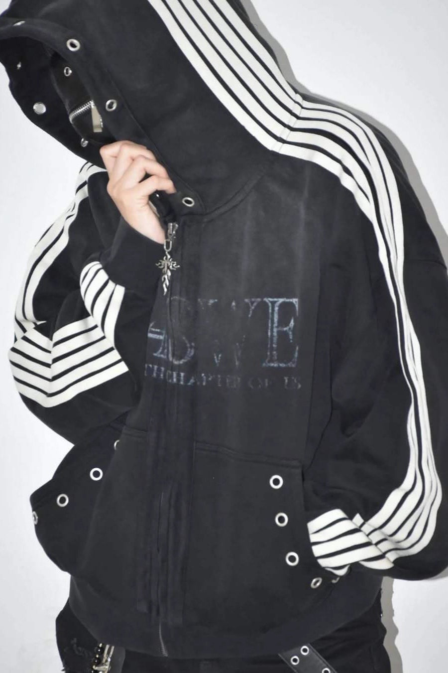Stripe Sleeve Eyelet Hoodies