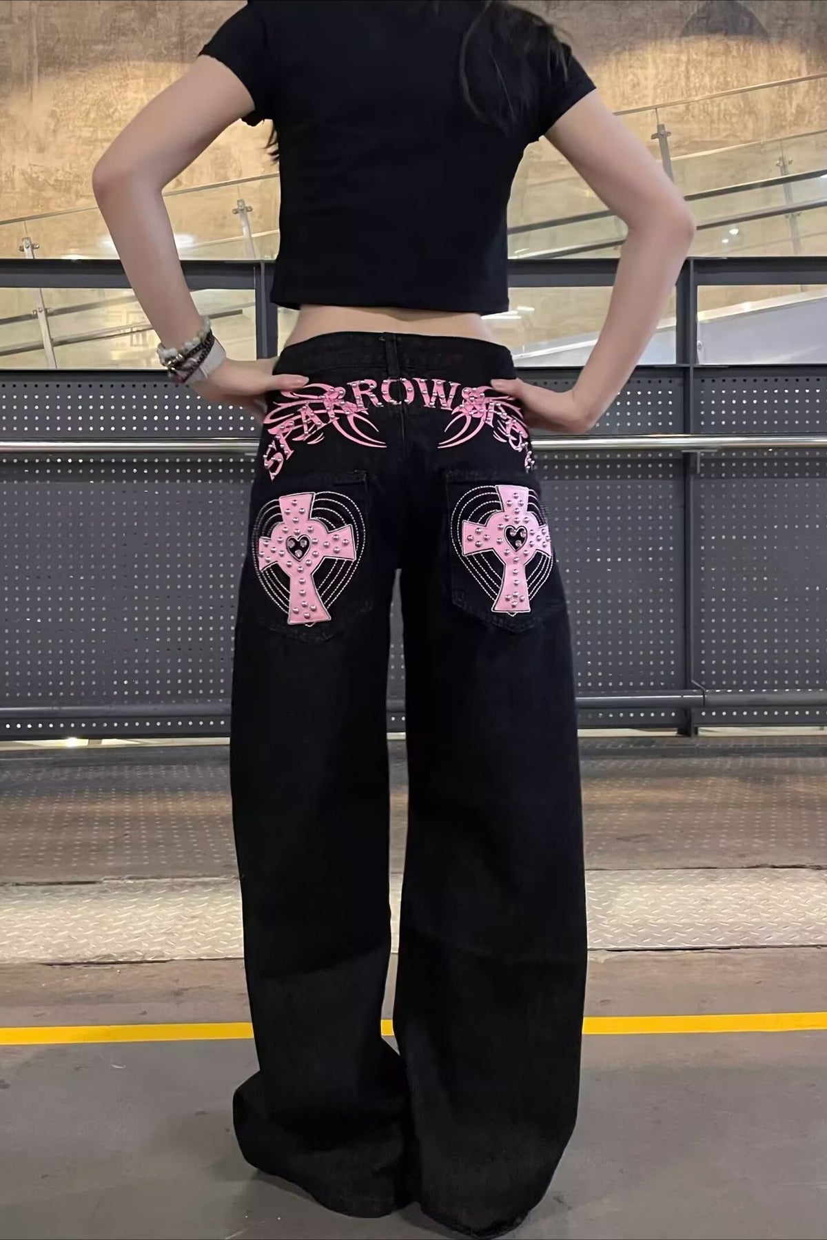 Pink Cross Rhinestone Wide Leg Jeans