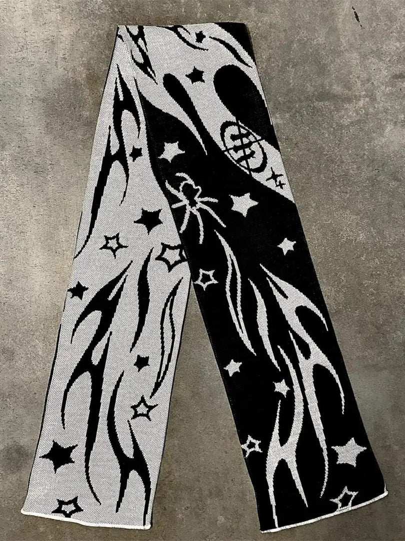 Black Tassel Star Striped Warm Knit Scarf Main image