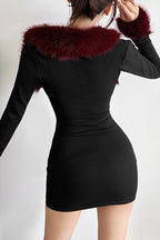 Burgundy Fluffy Trim Black Skirt Sets