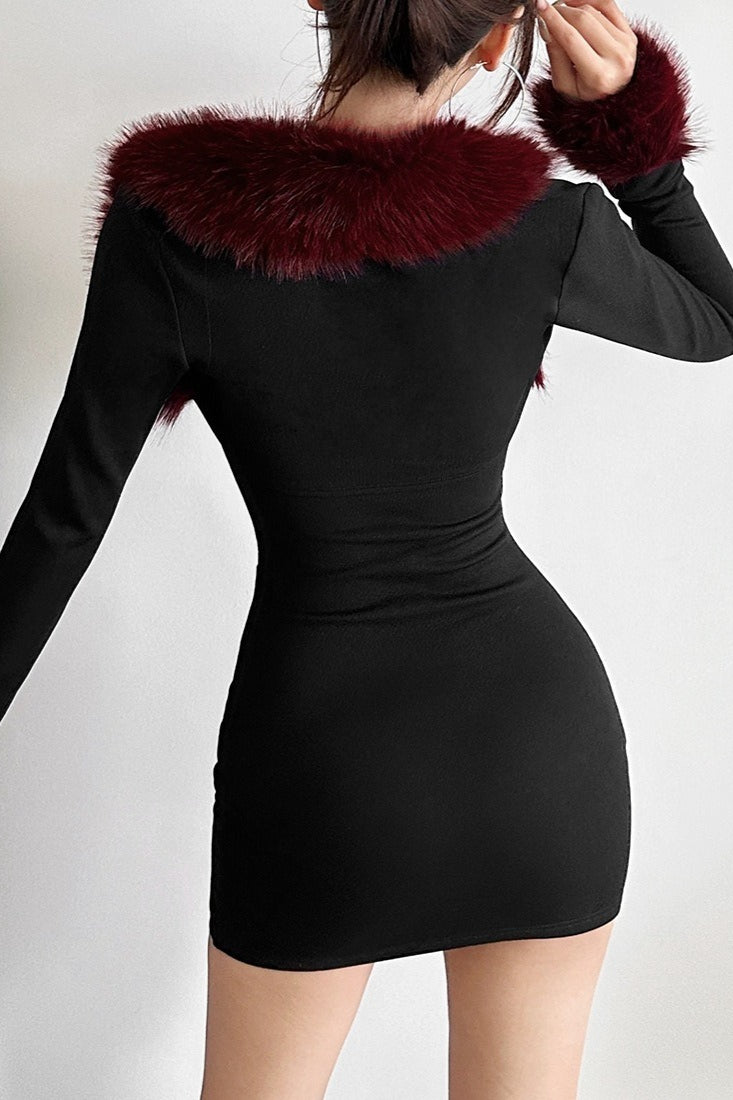 Burgundy Fluffy Trim Black Skirt Sets