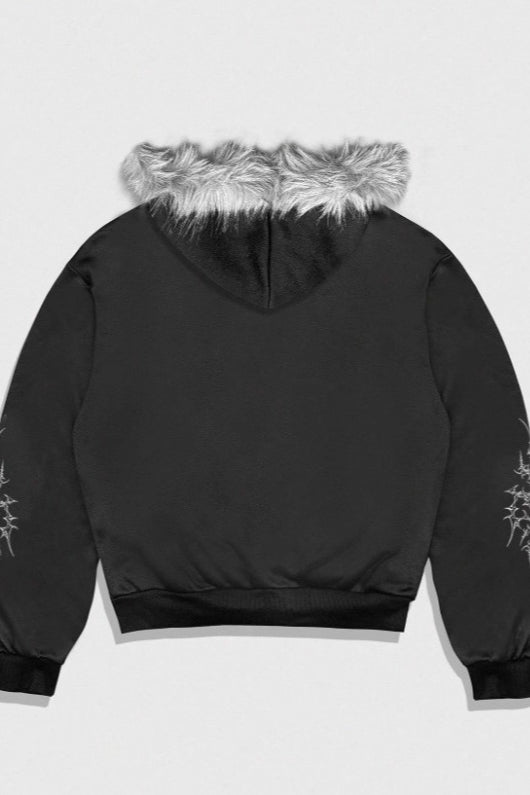 Thorn Graphic Grey Fur Trim Zip Hoodie Secondary image