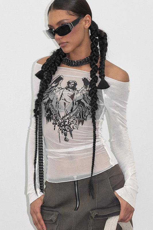 Mesh Knit Patchwork Off Shoulder Printed Mesh Top Secondary image