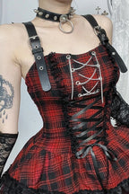 Red Plaid Lace Patchwork PU Strap High Waist Mini Dress
