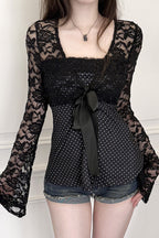 Polka Dot Bow Lace Crop Tops