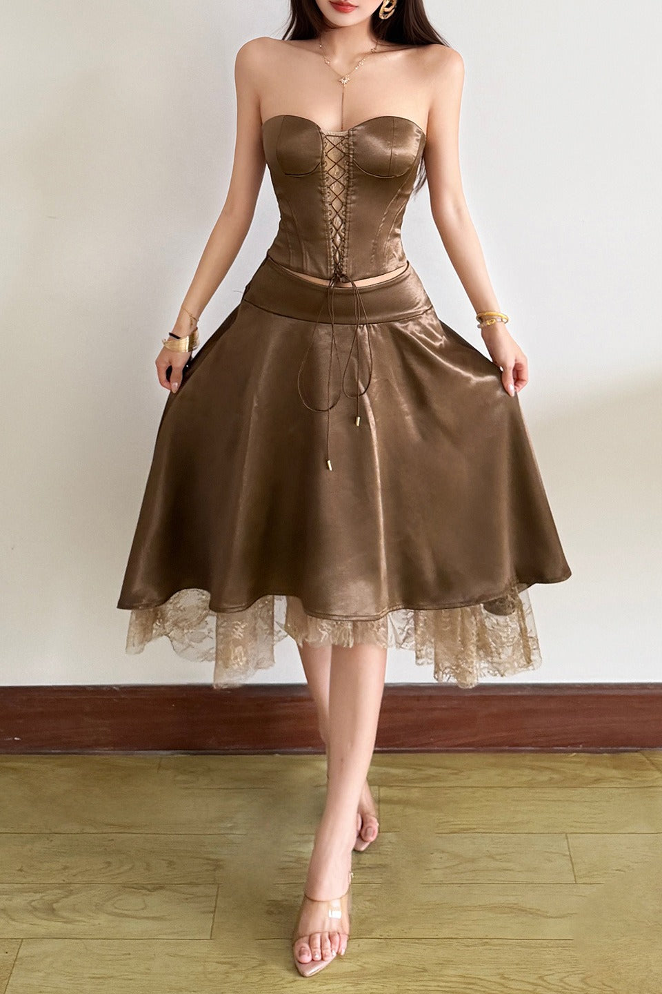 Brown Lace Front Corset Skirt Sets