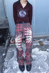 Punk Street Red Plaid Print Flare Curved Blade Denim Pants