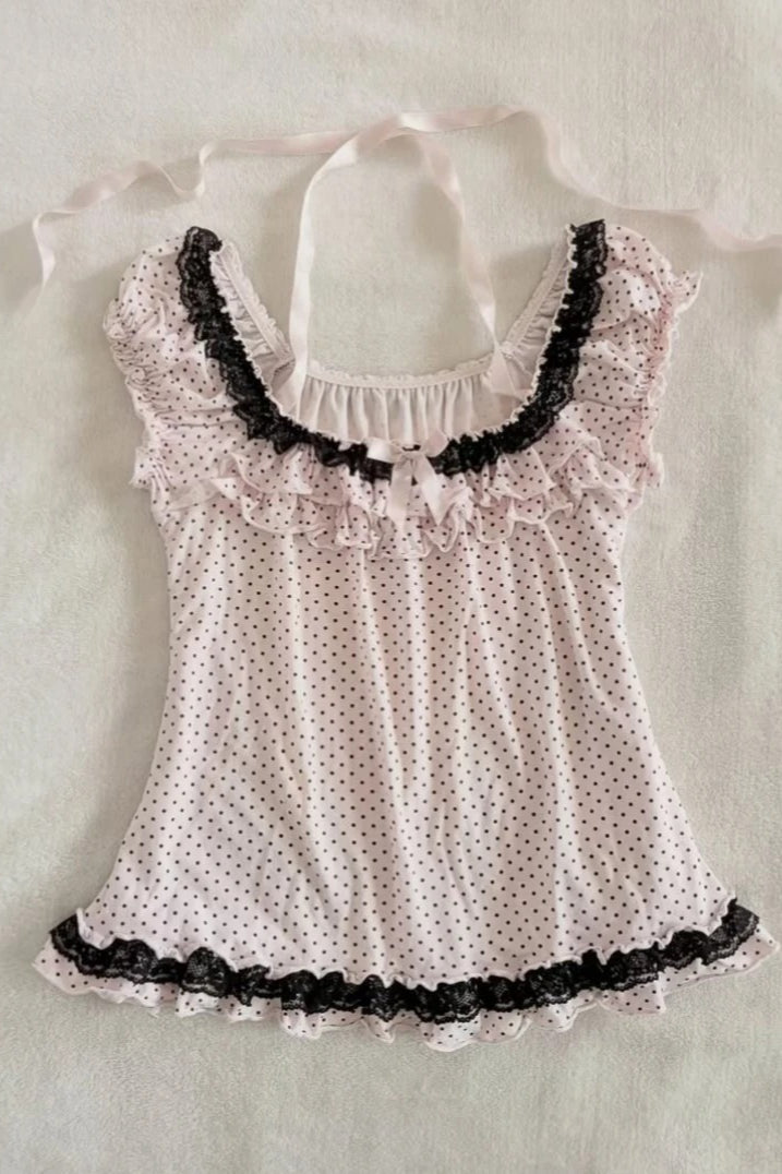 Polka Dot Bow Lace Tie Crew Neck Halter Top Main image
