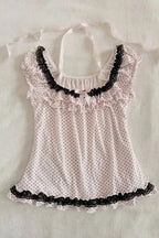 Polka Dot Bow Lace Tie Crew Neck Halter Top