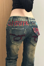 Embroidered Washed Denim Pants