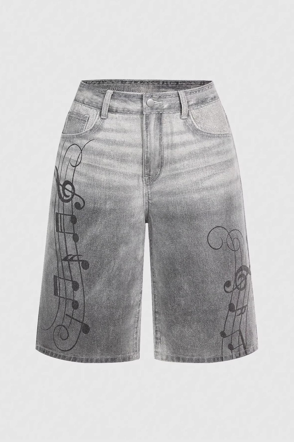 Music Note Washed Denim Bermuda Shorts