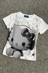 Y2K Cat Print Fitted Short Sleeve T-shirt