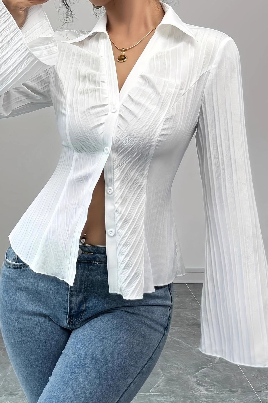 Elegant V-Neck Button-Down Striped Blouse Secondary image