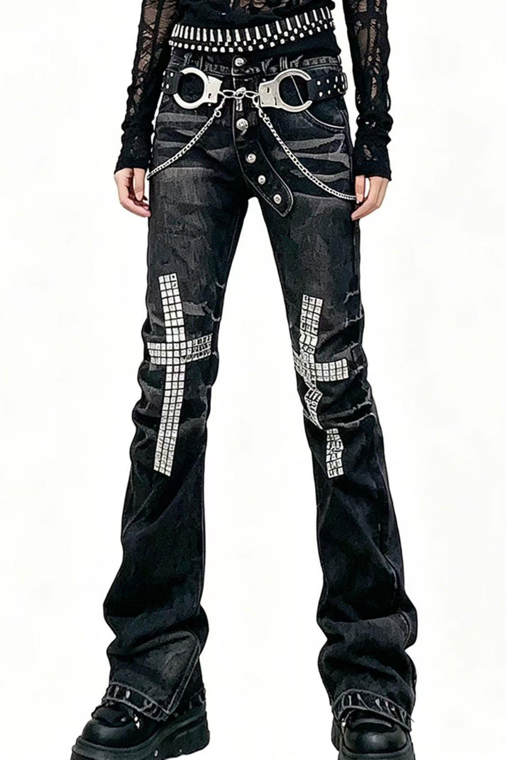 Double Waist Studded Denim Pants