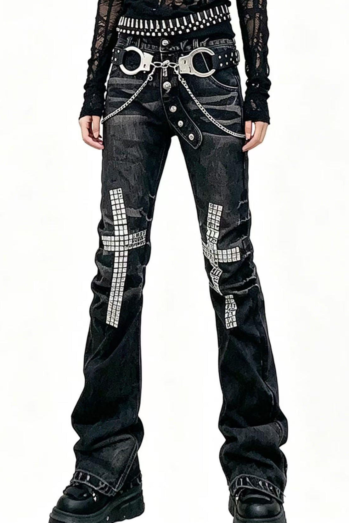 Double Waist Studded Denim Pants
