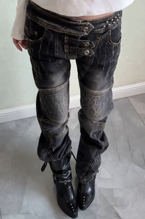Layered Panel Washed Straight Leg Jeans