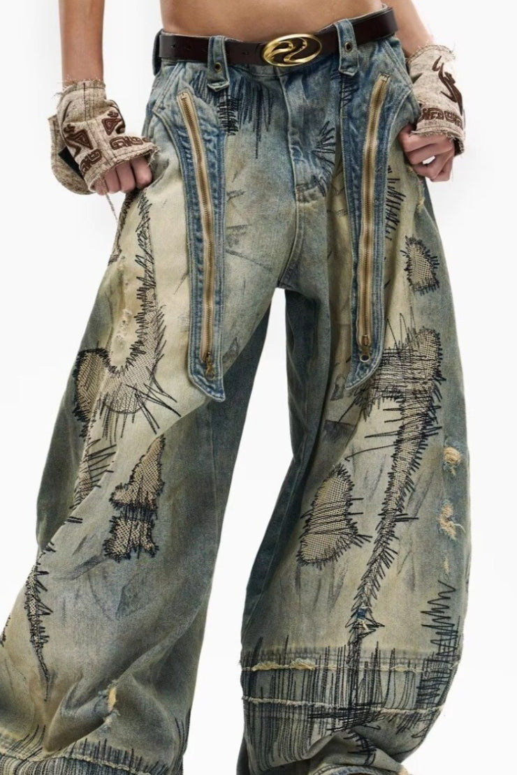 Trendy Hole Patched Denim Pants