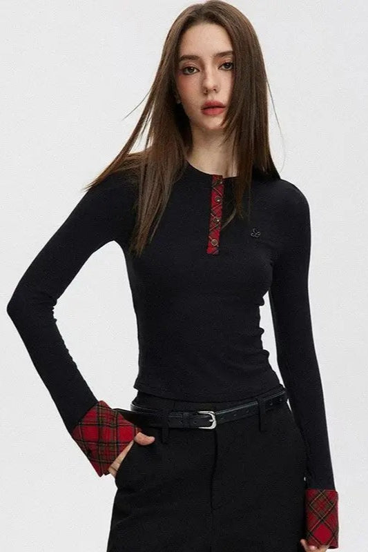 Vintage Patchwork Slim Fit Crop Long Sleeve Knit Top Main image