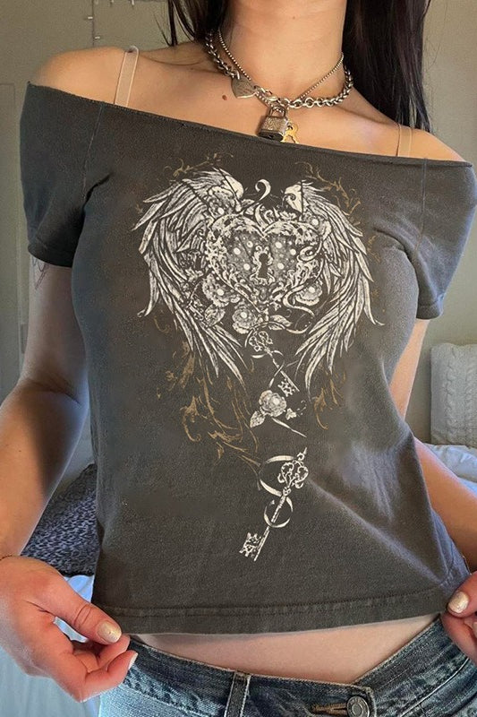 Y2K Wing Graphic Off-Shoulder T-Shirt Secondary image