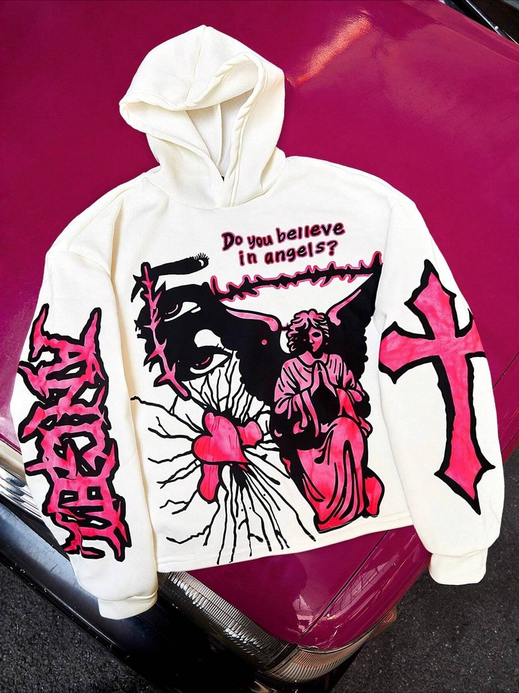 Pink Heart Angel Gothic Short Double-sided Hoodie