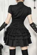 Black Gothic Button Front Layered Mini Dress