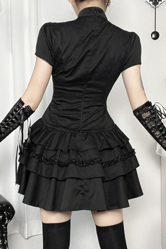 Black Gothic Button Front Layered Mini Dress