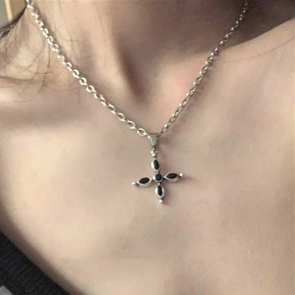 Black Stacked Cross Pendant Necklace