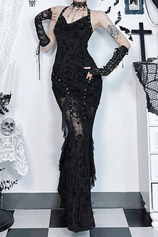 Goth Dark Flocking Print Halter Bandage Maxi Dress Main image