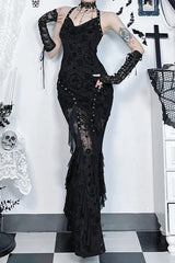 Goth Dark Flocking Print Halter Bandage Maxi Dress