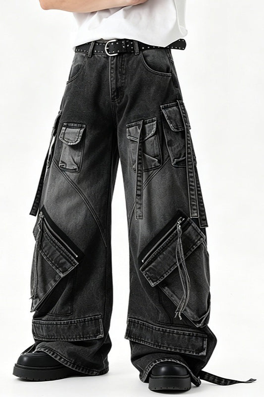 Multi-Pocket Strap Cargo Jeans