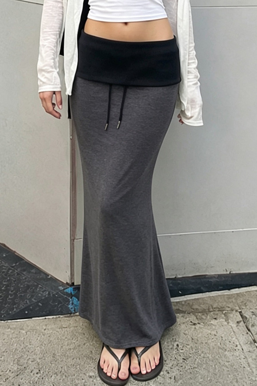 Contrast Waist Drawstring Maxi Skirts