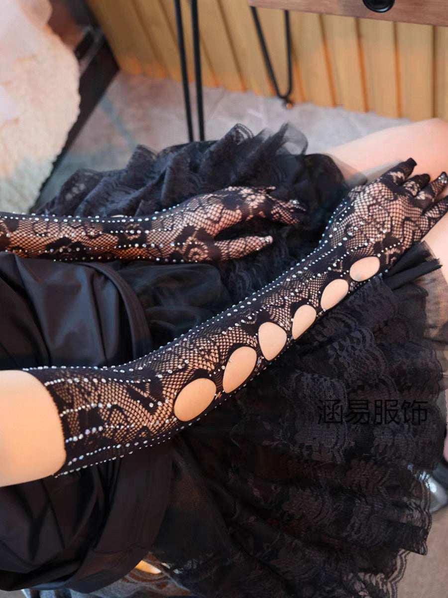 Dark Style Black Rhinestone Fishnet Rose Long Gloves Main image